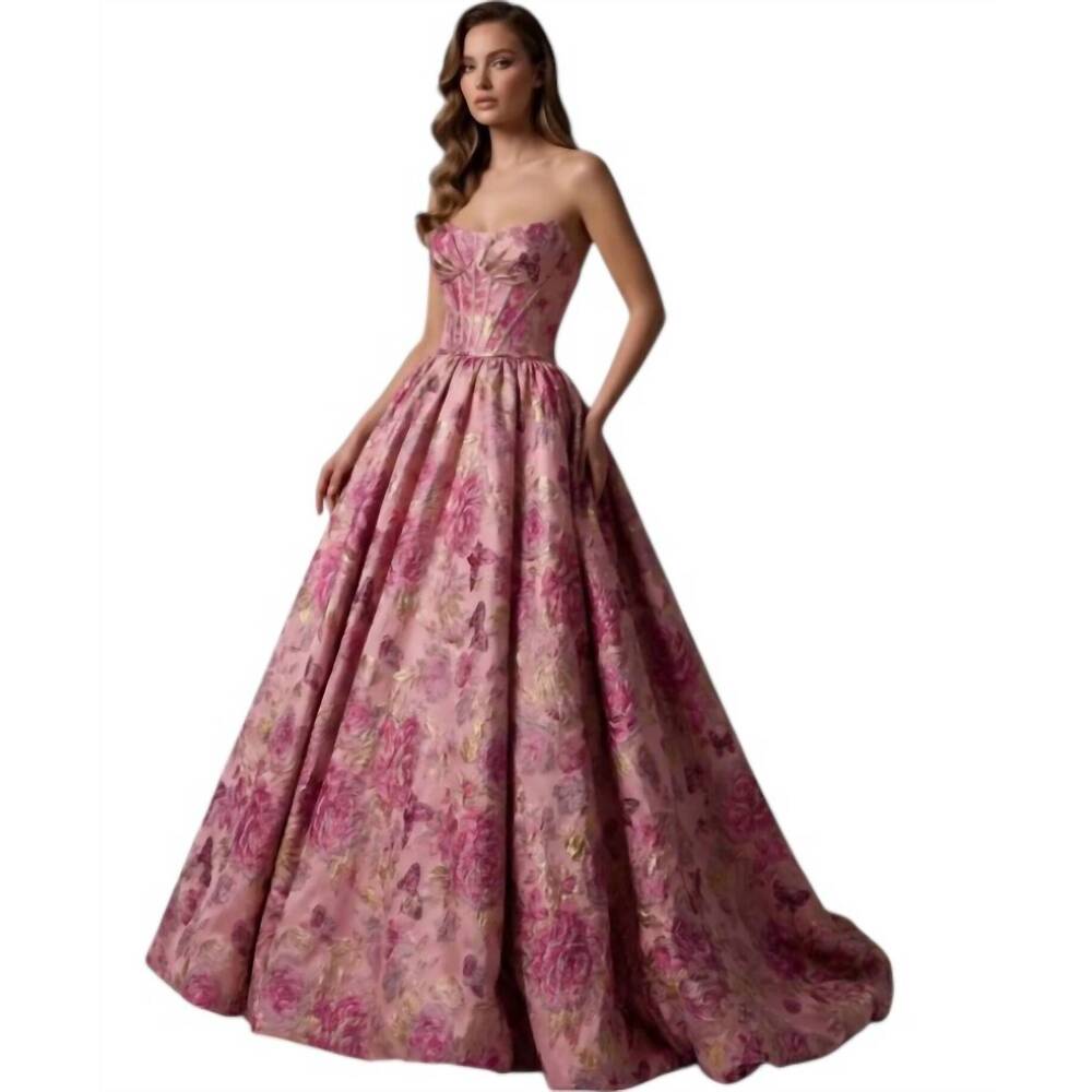 NEW COUTURE LEE jacquard flowers prom dress in pink
